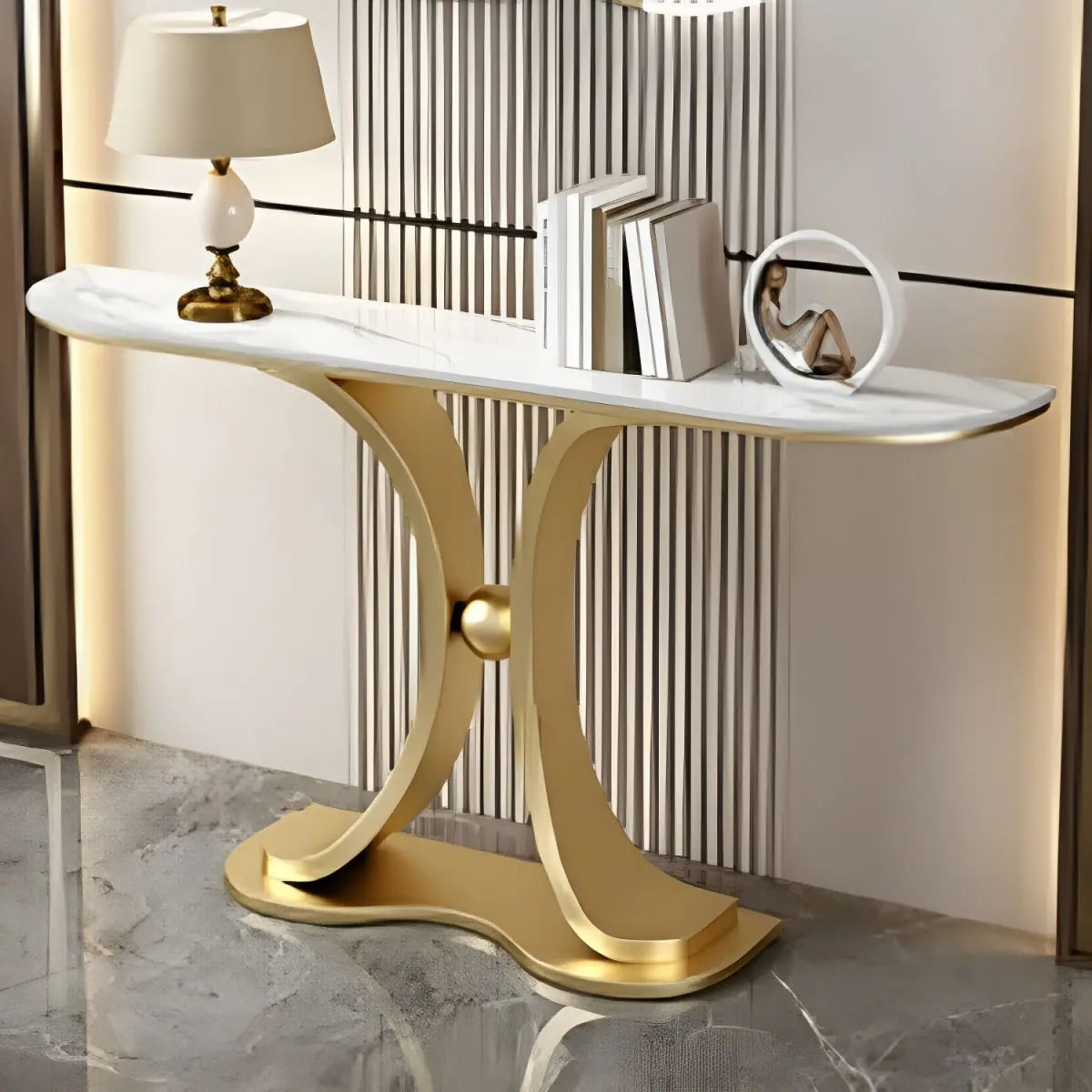 Golden Console Table With White Marble Top