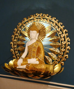 Buddha Sculpture with Metal Ornament Background