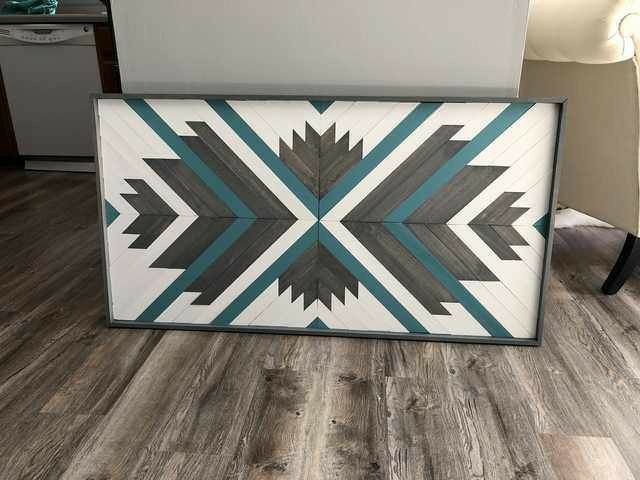 Modern Teal Blue Geometric Wood Mosaic Boho Art