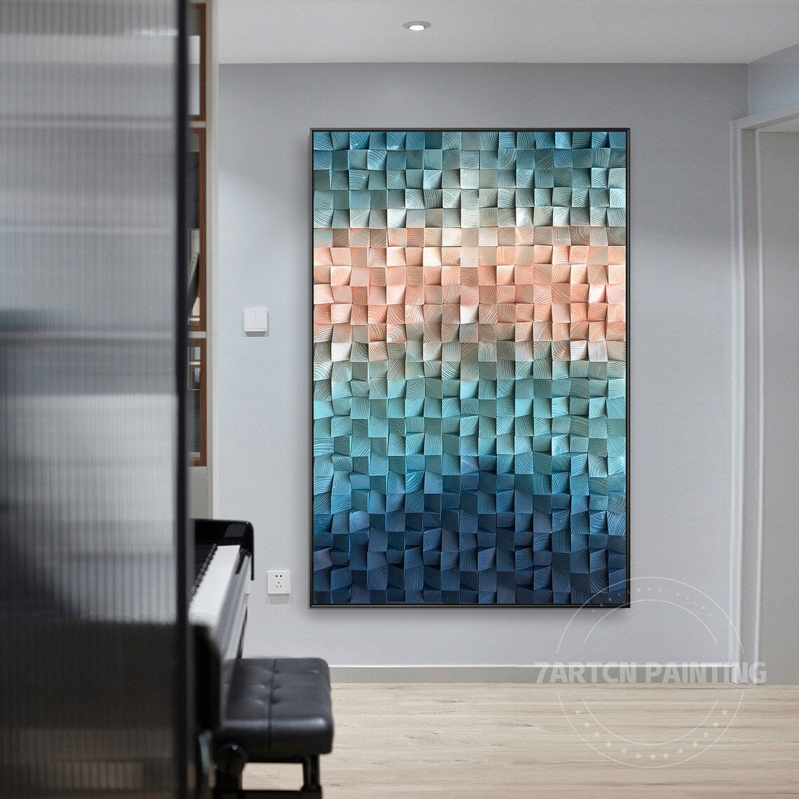 Shades Of Teal Blue And Coral Pink Wood Mosaic Wall Decor