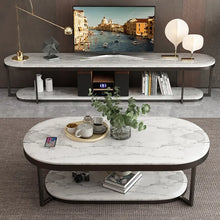 Load image into Gallery viewer, 2-Tiered Modern Marble Coffee Table Black &amp; White with Shelf Metal Frame
