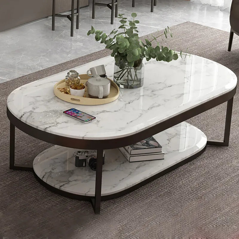 2-Tiered Modern Marble Coffee Table Black & White with Shelf Metal Frame