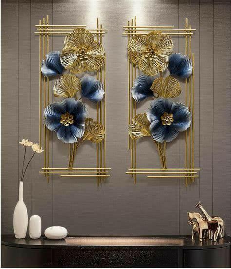 Golden And Blue Vortical Floral Metal Wall Hanging