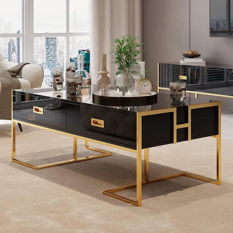 Contemporary Black Rectangular Coffee Table with Drawers Lacquer Gold Base