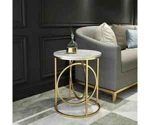 Modern White Round End Table Marble Top Side Table Metal In Gold