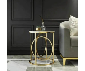 Modern White Round End Table Marble Top Side Table Metal In Gold