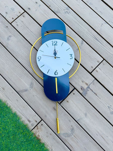 Modern Blue Metal Wall Clock With Golden Ring